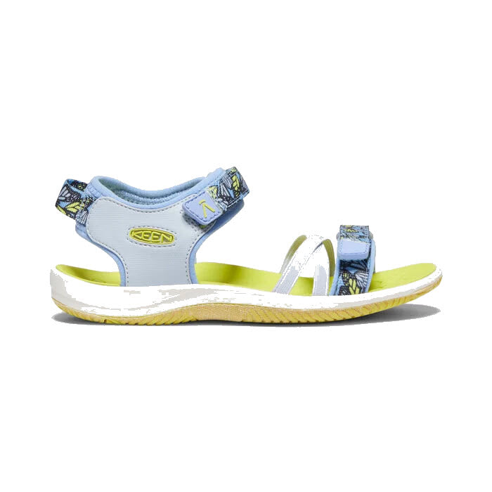 The KEEN VERANO HYDRANGEA/EVENING PRIMROSE - KIDS by Keen is an open-toe hybrid sandal in blue and yellow, featuring a quick-dry polyester webbing upper, adjustable hook and loop straps, and a patterned design on the heel and toe areas, showcased against a plain white background.