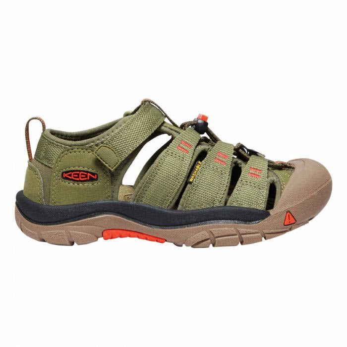 A side view of a KEEN CHILD NEWPORT H2 in Olive Drab/Orange showcases a green kid&#39;s summer sandal with a closed-toe design, adjustable straps, and a rugged sole, perfect for outdoor play.