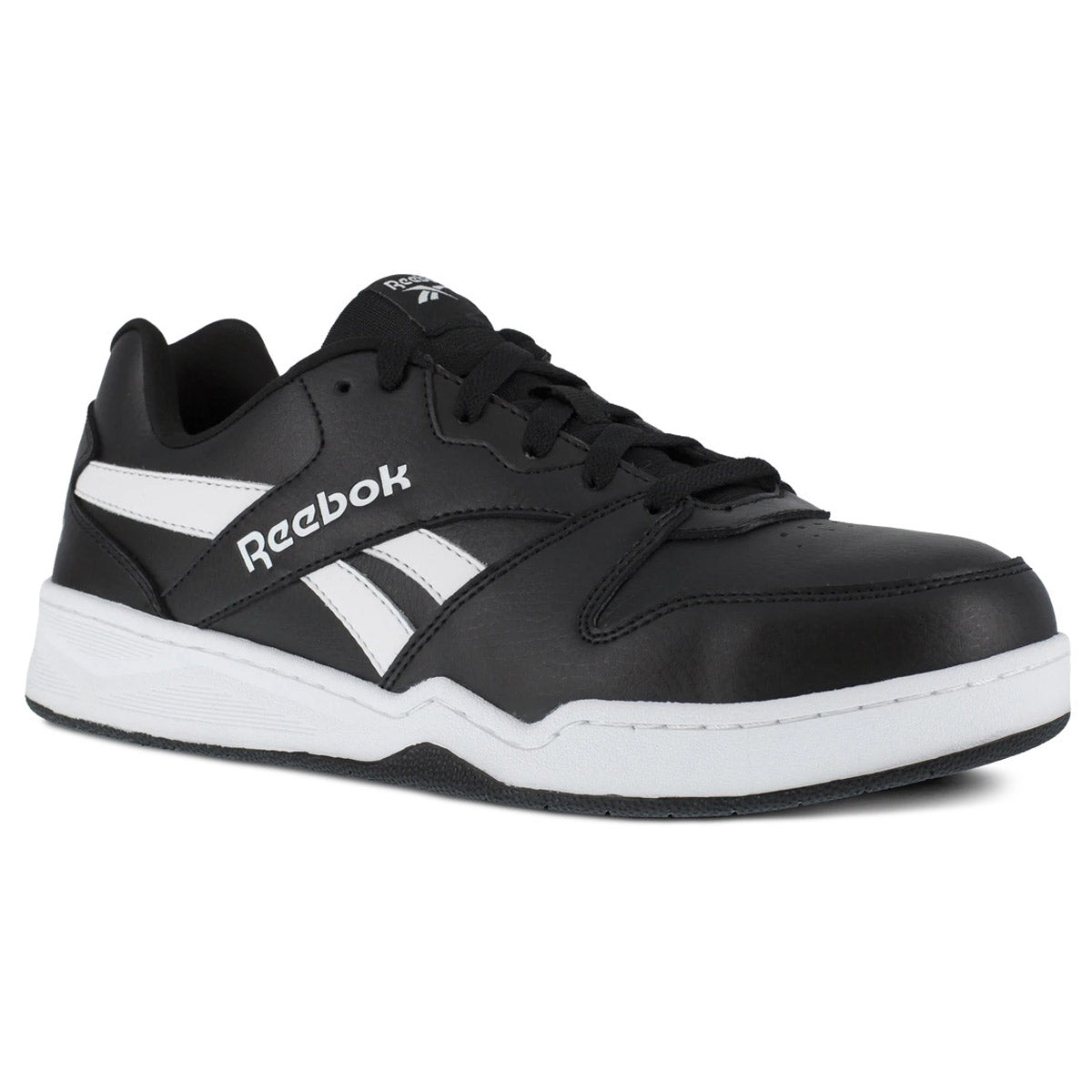 The REEBOK WORK COMPOSITE TOE BB4500 LOW BLK/WHT - MENS by Reebok Work showcases a low-top design and lace-up closure, complemented by the prominent Reebok logo on the side. It is equipped with a slip-resistant rubber outsole for enhanced stability, offering both style and practicality.