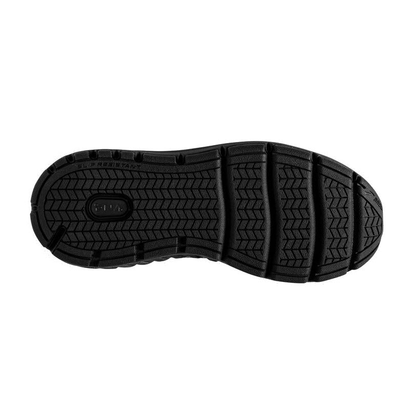 The image displays the bottom view of a men&#39;s Brooks Addiction Walker 2 Lace Black sole, showcasing a textured pattern with grooves for traction and featuring the Progressive Diagonal Rollbar (PDRB) to provide enhanced support.