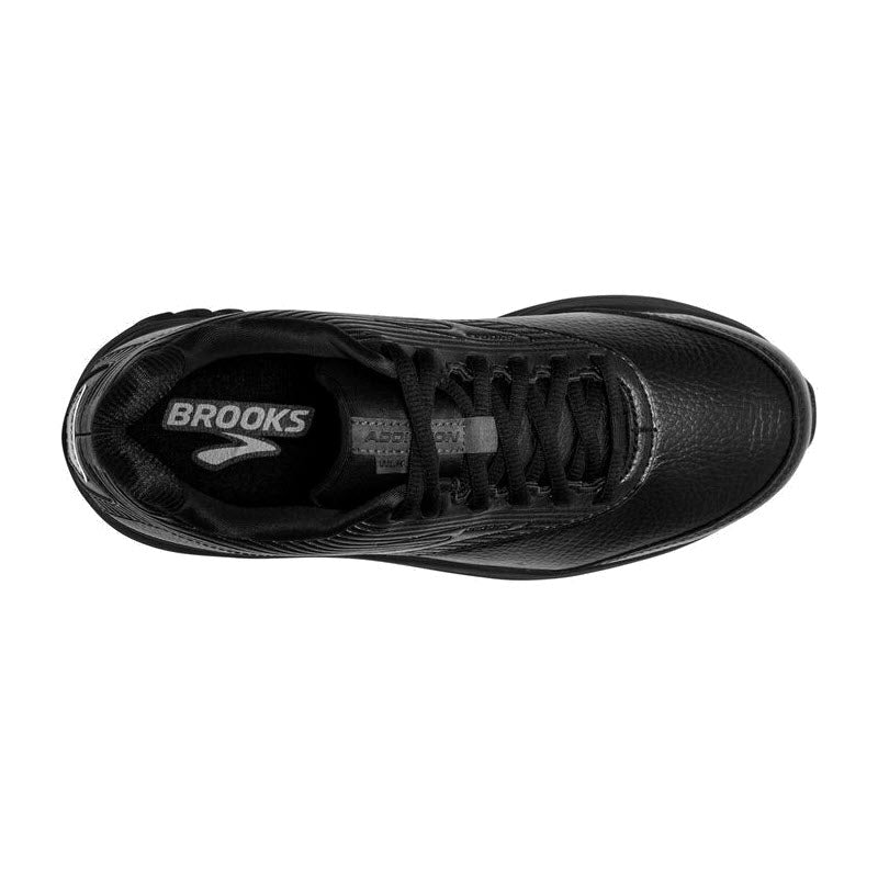 Top-down view of the Brooks Addiction Walker 2 Lace Black - Womens shoe, featuring black laces, a logo on the insole, and a BioMoGo DNA midsole for enhanced comfort.