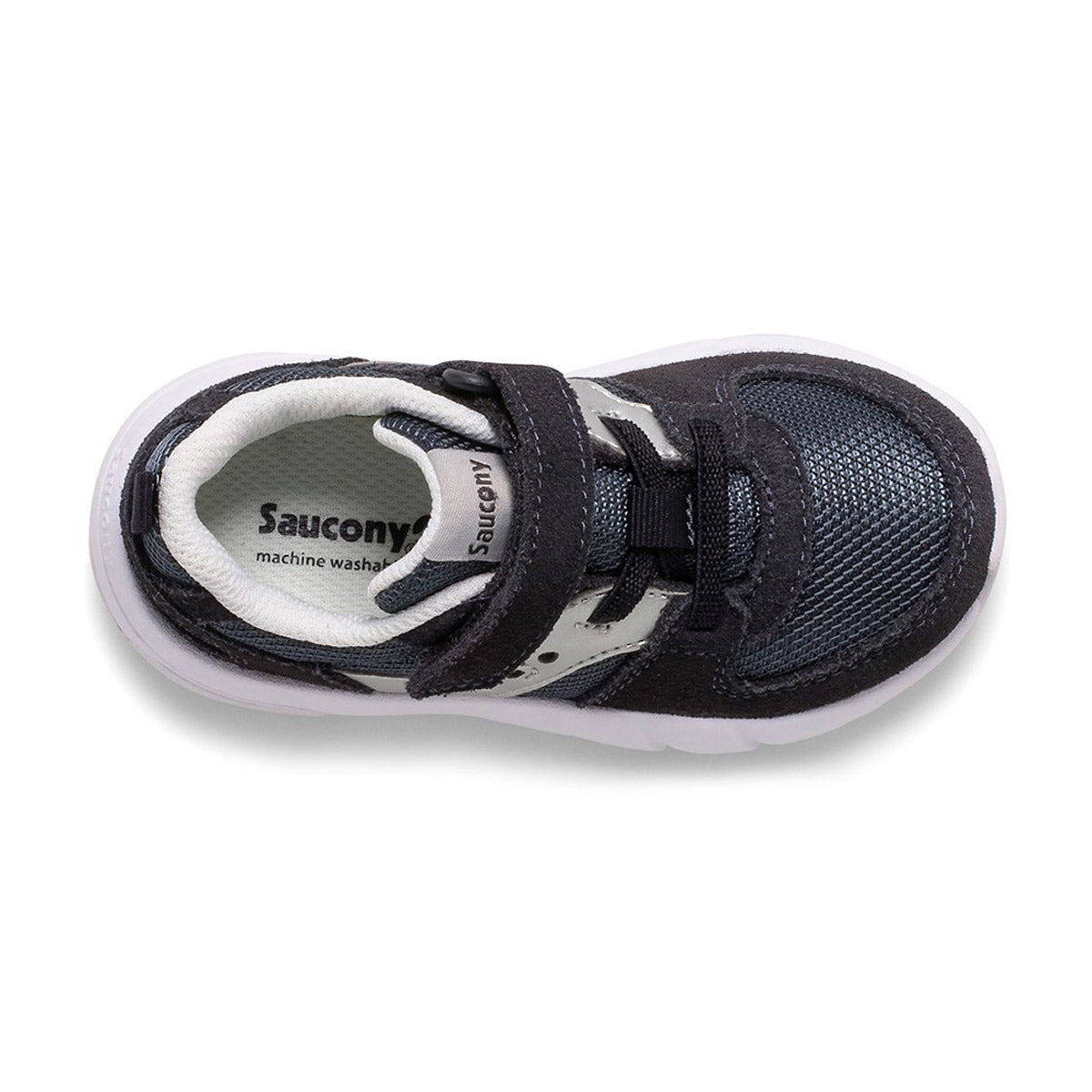 A top view of a single Saucony SAUCONY JAZZ LITE 2.0 NAVY/SILVER - KIDS toddler shoe showcases a black and white color scheme, Velcro strap, mesh detailing, and reinforced toes for added durability.