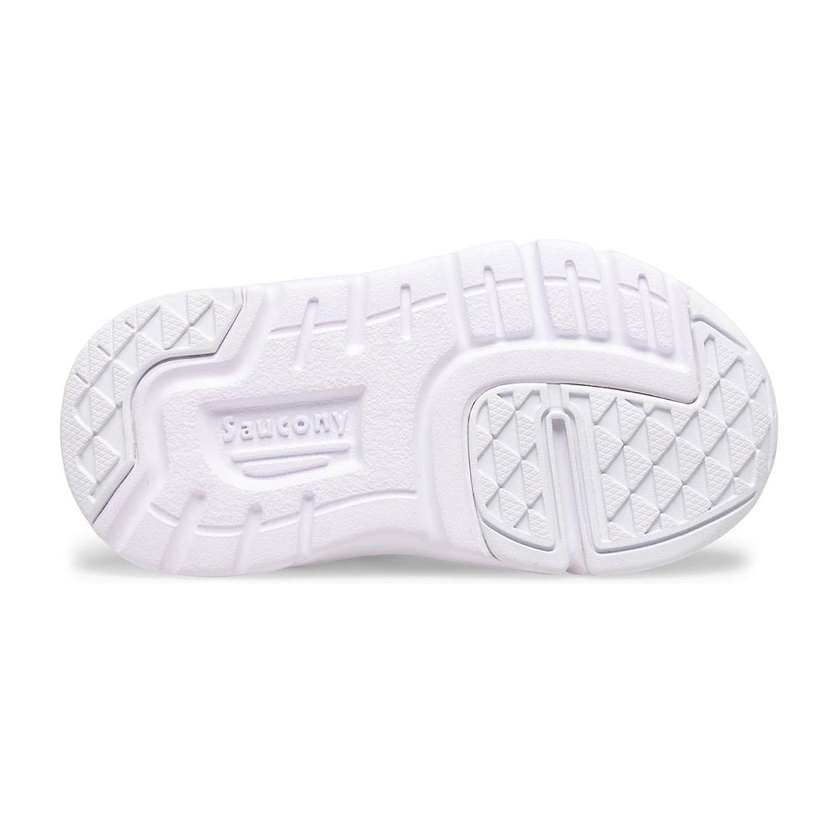 Bottom view of a white Saucony SAUCONY JAZZ LITE 2.0 NAVY/SILVER - KIDS sneaker sole showing various tread patterns for traction, featuring a retro design that enhances its classic appeal.