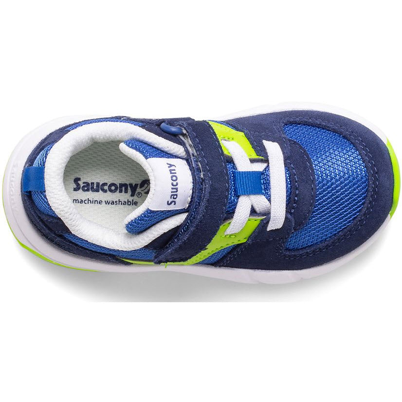 Top view of a blue, white, and neon green Saucony toddler shoe with a Velcro strap and mesh detailing. The retro design adds flair while the text on the insole indicates it&#39;s a machine-washable shoe. This is the SAUCONY JAZZ LITE 2.0 NAVY/SILVER - KIDS from Saucony.