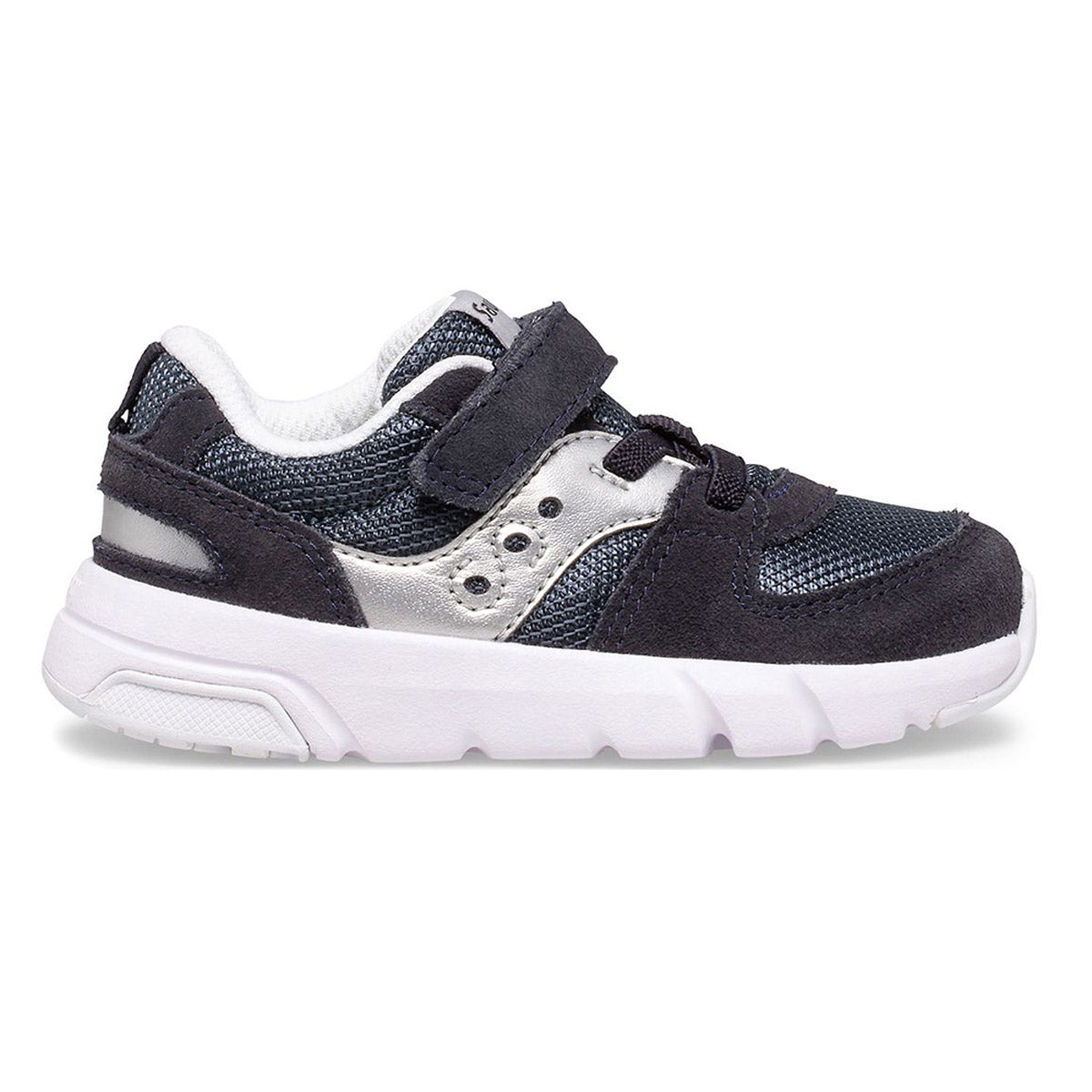 Side view of a Saucony SAUCONY JAZZ LITE 2.0 NAVY/SILVER - KIDS children&#39;s sneaker with a white sole, velcro strap, mesh details, and reinforced toes.