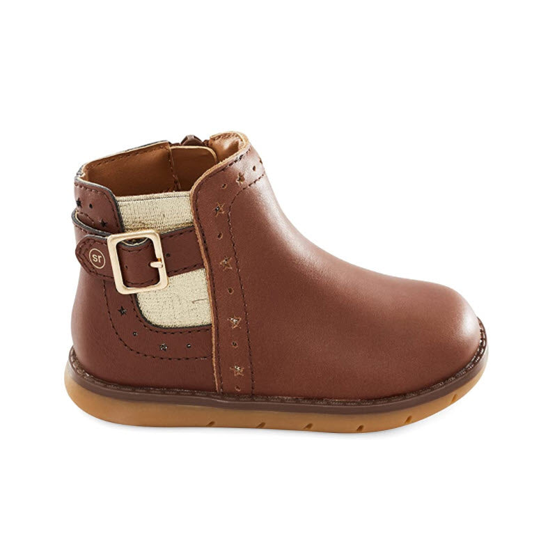 The STRIDE RITE SRT AGNES BROWN - KIDS boot by Stride Rite showcases a brown leather ankle design, complemented by a beige fabric panel, decorative stitching, and a stylish side buckle. Its flexible outsole guarantees comfort with every step.