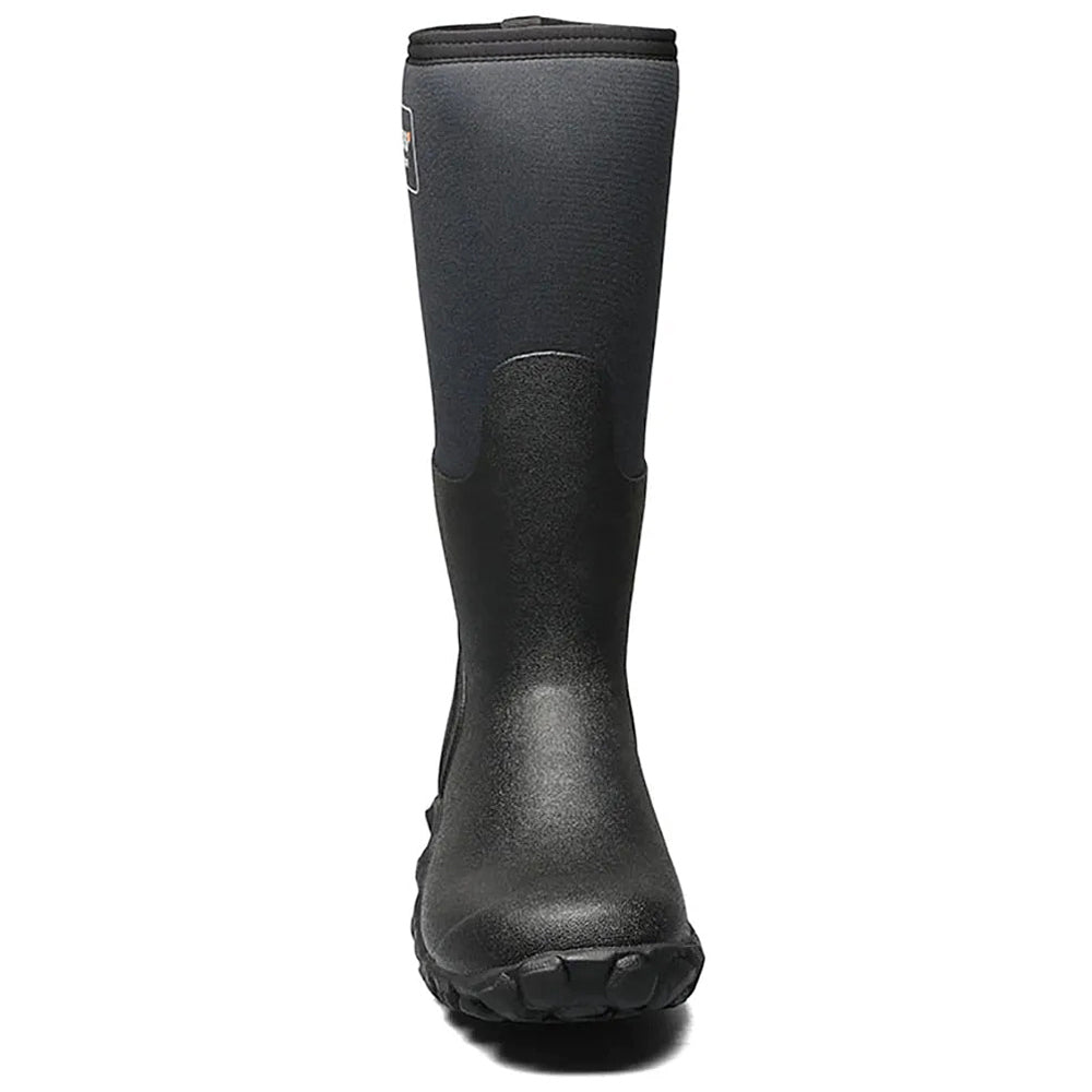 Front view of a single BOGS MESA BOOT BLACK - MENS featuring a textured BioGrip outsole and waterproof insulation with a neoprene upper section.