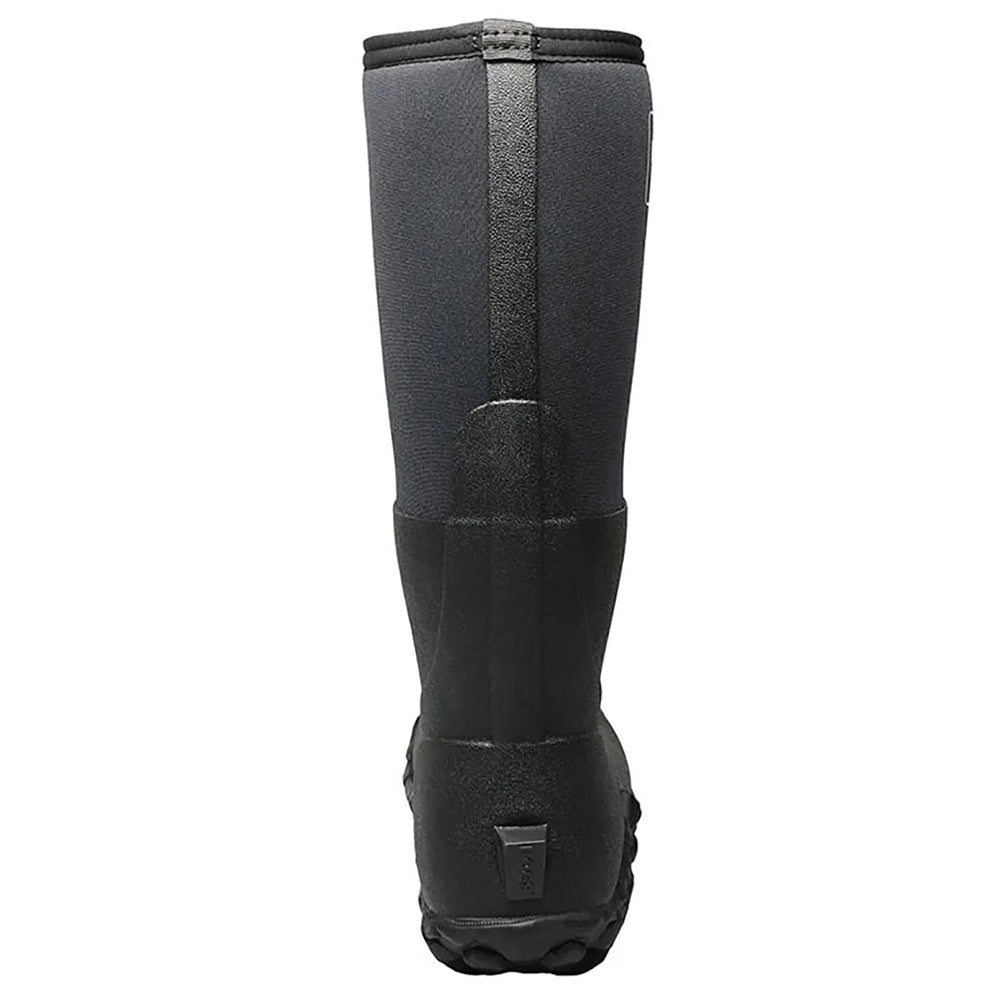 The image shows a single Bogs BOGS MESA BOOT BLACK - MENS viewed from the back. The waterproof boot has a high shaft, reinforced heel, and an algae-based footbed for added comfort.