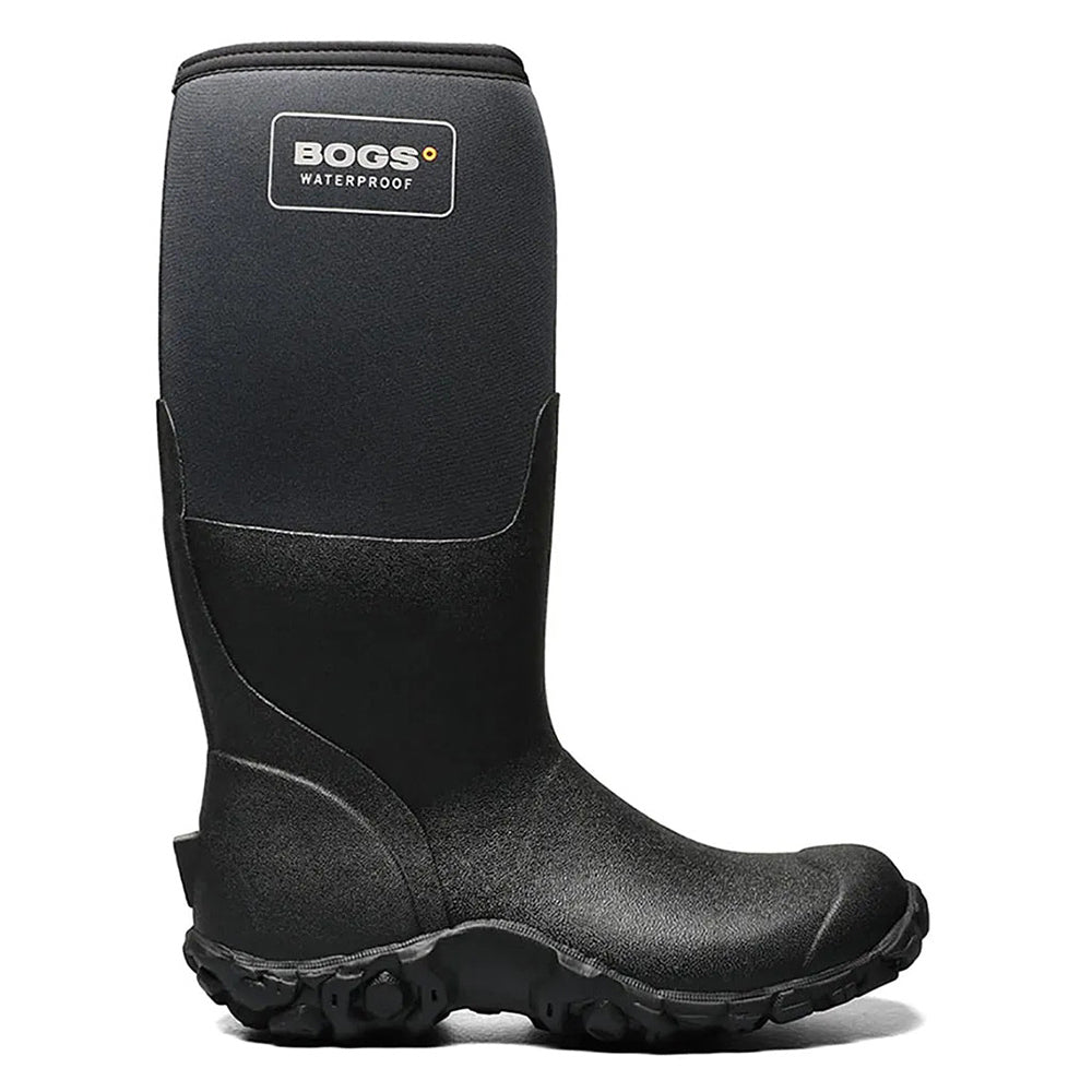 A single black Bogs BOGS MESA BOOT BLACK - MENS with a rugged BioGrip outsole, waterproof insulation, and a logo label near the top.