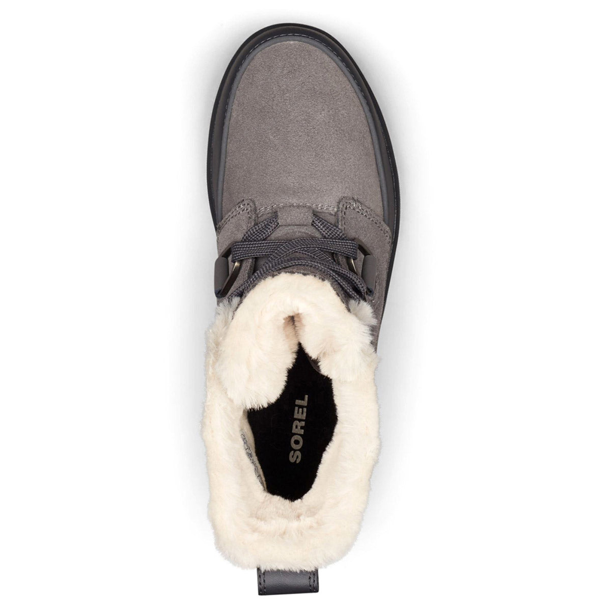 A top view of the SOREL TIVOLI IV QUARRY - WOMENS winter boot reveals fur lining and black shoelaces. The inside of this waterproof suede boot features a cozy fur lining, with the word &quot;Sorel&quot; visible on the insole.