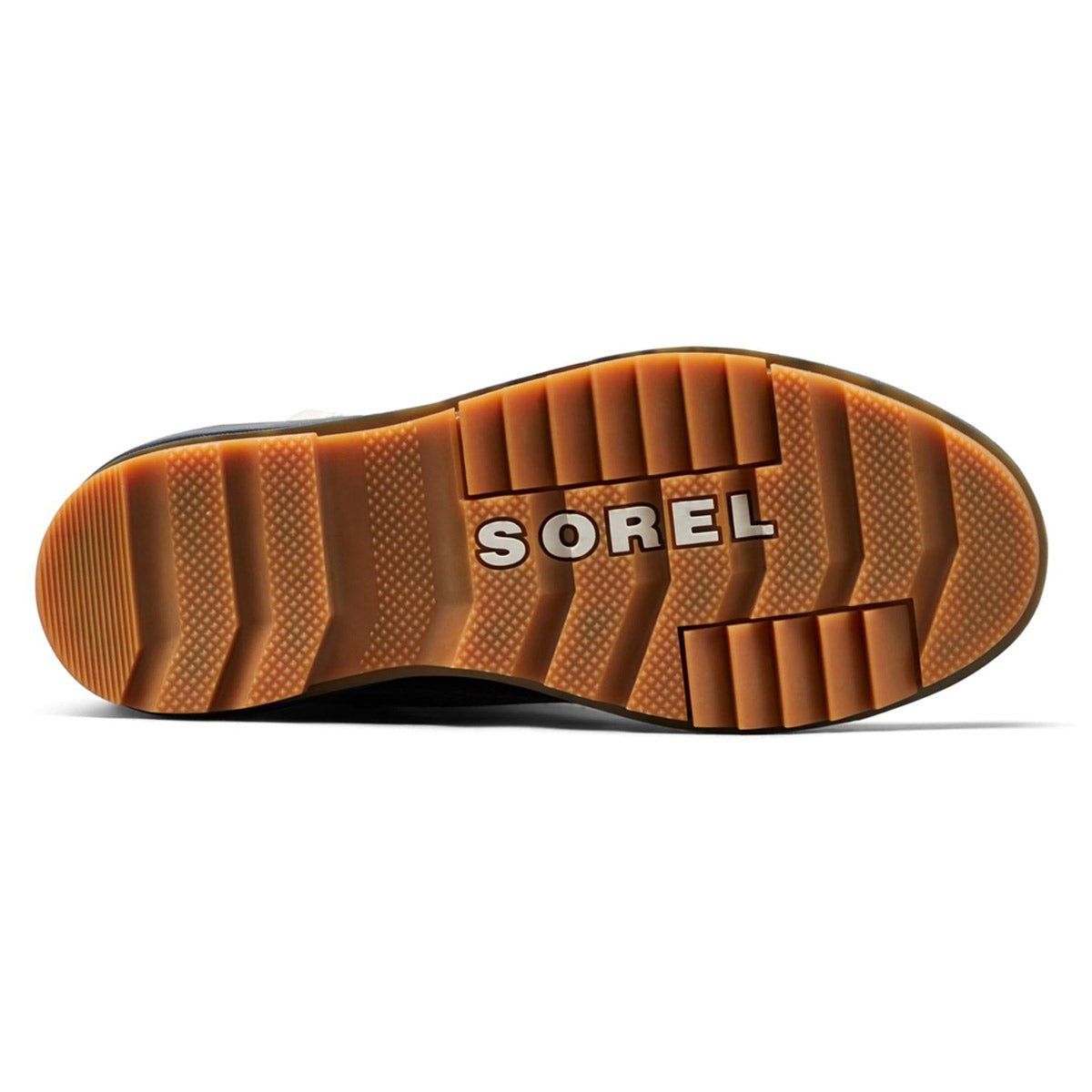 The sole of the SOREL TIVOLI IV QUARRY - WOMENS shoe, branded with &quot;Sorel,&quot; features a tread pattern composed of straight and zigzag lines in brown and orange tones, combined with waterproof suede material.