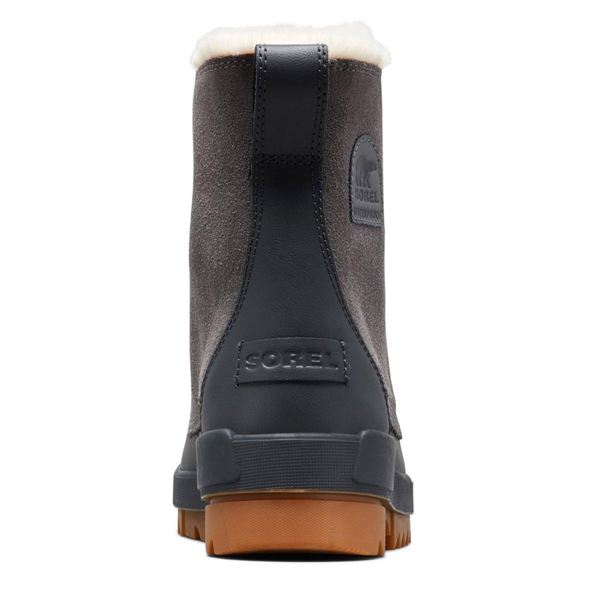 Rear view of a single SOREL Tivoli IV Quarry boot in gray, showcasing its thick rubber sole and plush fleece lining. The boot includes a convenient pull tab on the back, with the &quot;Sorel&quot; brand name prominently displayed on the heel. Crafted from waterproof suede, this women&#39;s winter boot offers enhanced durability for challenging winter conditions.