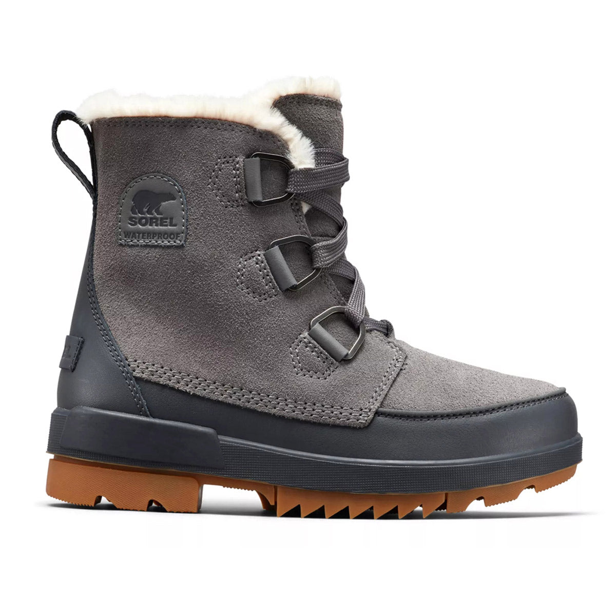 The Sorel Tivoli IV Quarry for women is a gray boot that boasts a black rubber sole, white fleece lining, laces, a loop at the back, and waterproof suede enhanced by OutDry construction.