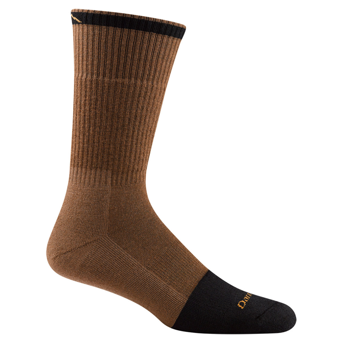 A single brown and black sock displayed against a white background. The sock has a ribbed upper and the word "Darn Tough" visible on the black toe section, offering full cushioning for all-day comfort.