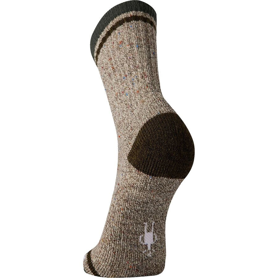 Close-up of a single Smartwool SMARTWOOL LARIMER SOCKS DARK SAGE - MENS with reinforced heel and toe, featuring small colored speckles and a subtle pattern with stripes near the cuff.