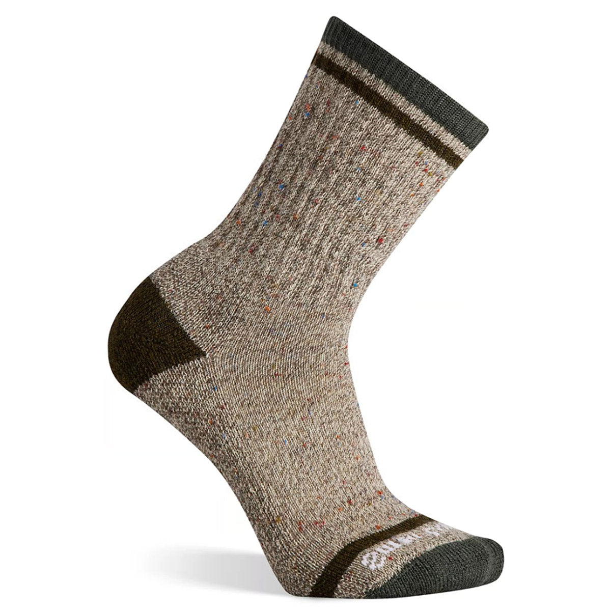 A single beige SMARTWOOL LARIMER SOCKS DARK SAGE - MENS with a dark green toe, heel, and cuff, featuring a subtle multi-colored speckled pattern from Smartwool.