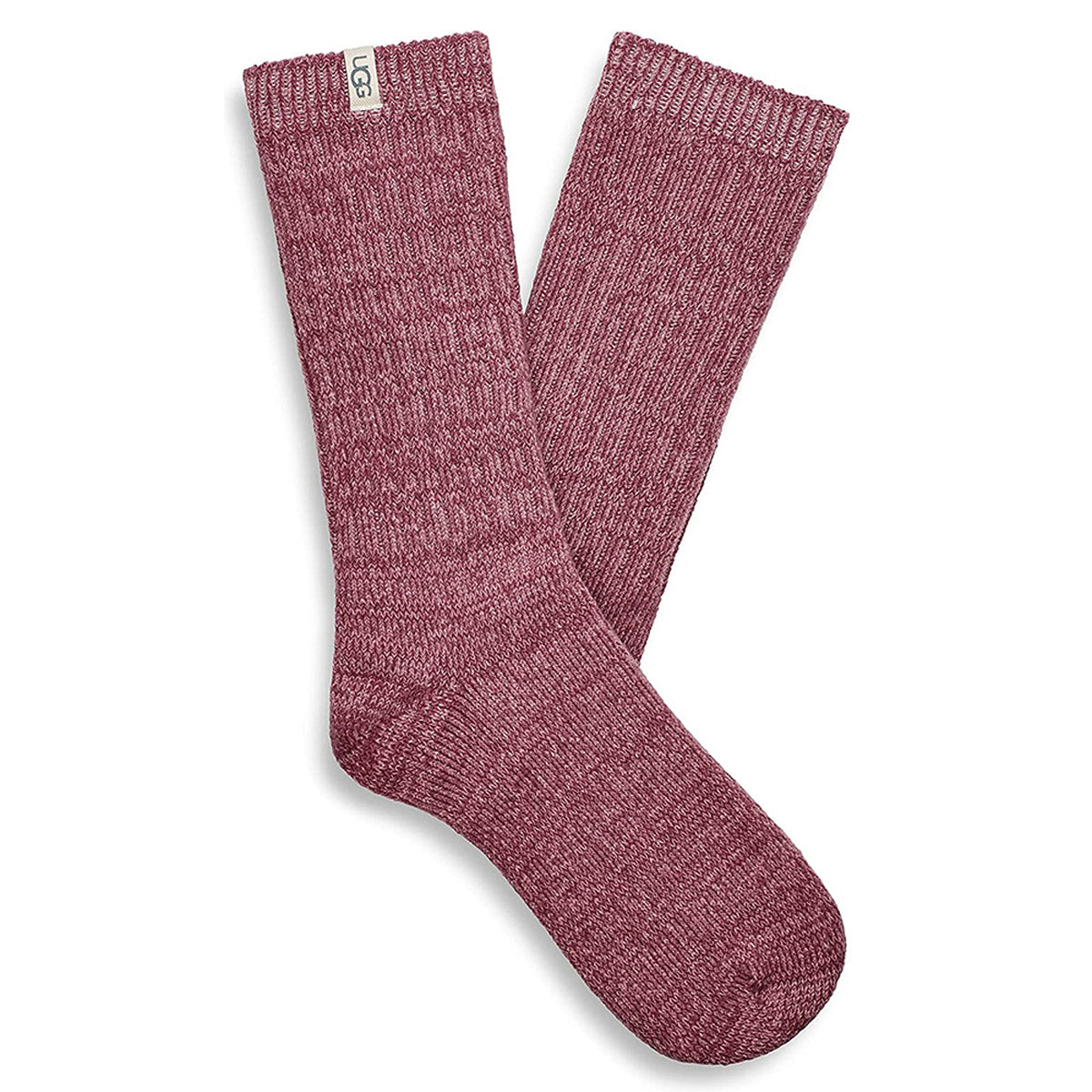 A pair of maroon Ugg UGG RIB KNIT SLOUCHY SOCKS FOXGLOVE/SANGRIA - WOMENS, each featuring a small tag with the brand name &quot;Ugg&quot; near the top hem.