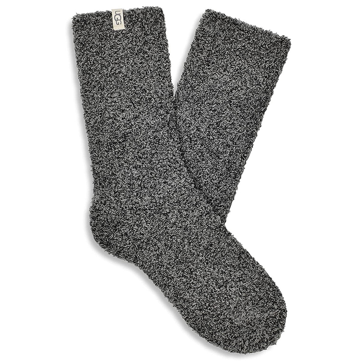 A pair of machine washable UGG DARCY COZY SOCKS CHARCOAL - WOMENS featuring a textured gray design with Ugg branding on the top.