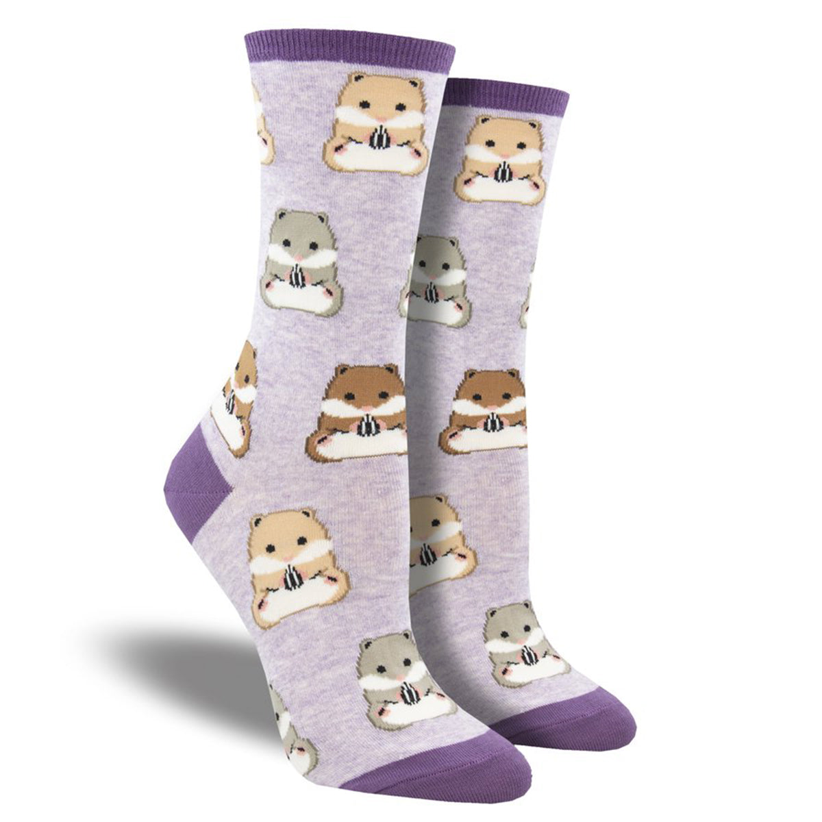 A pair of Socksmith SOCKSMITH GOING HAM CREW SOCK PURPLE socks featuring a repeated pattern of cartoon otters holding clams, perfect for women’s shoe size 5-10.5.