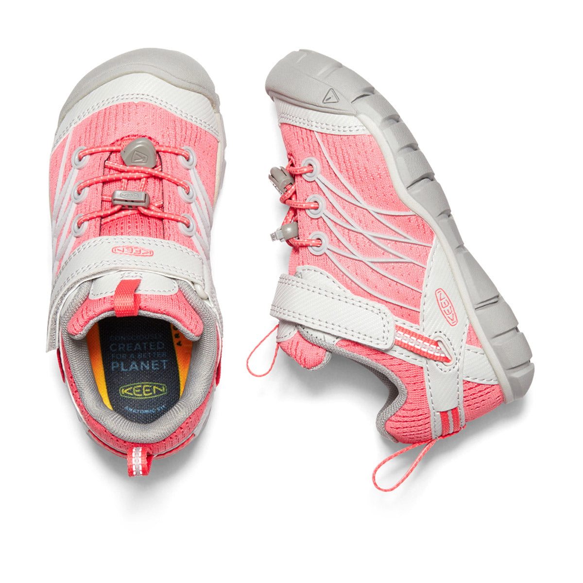 Two KEEN CHANDLER CNX CHILD DRIZZLE/DUBARRY children&#39;s athletic shoes from Keen, featuring pink and gray colors, on a white background with one shoe lying sideways to showcase the lightweight performance mesh sole.