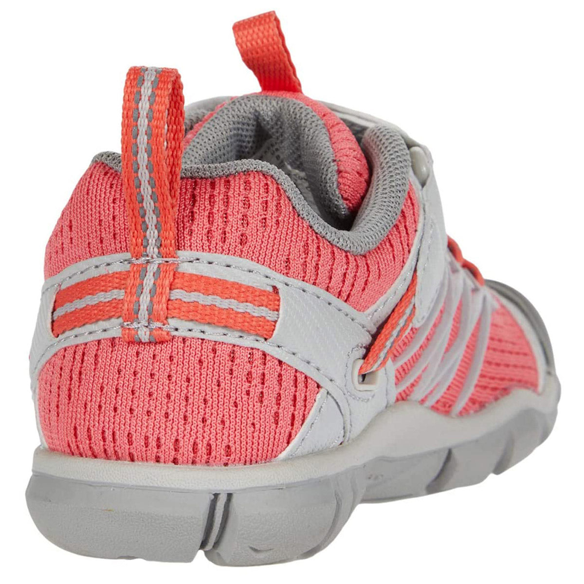 A close-up rear view of the KEEN CHANDLER CNX CHILD DRIZZLE/DUBARRY sneaker in pink and gray highlights its lightweight performance mesh upper, accented with gray and orange stitching, and a robust gray sole. A convenient loop is visible at the back for easy pull-on.