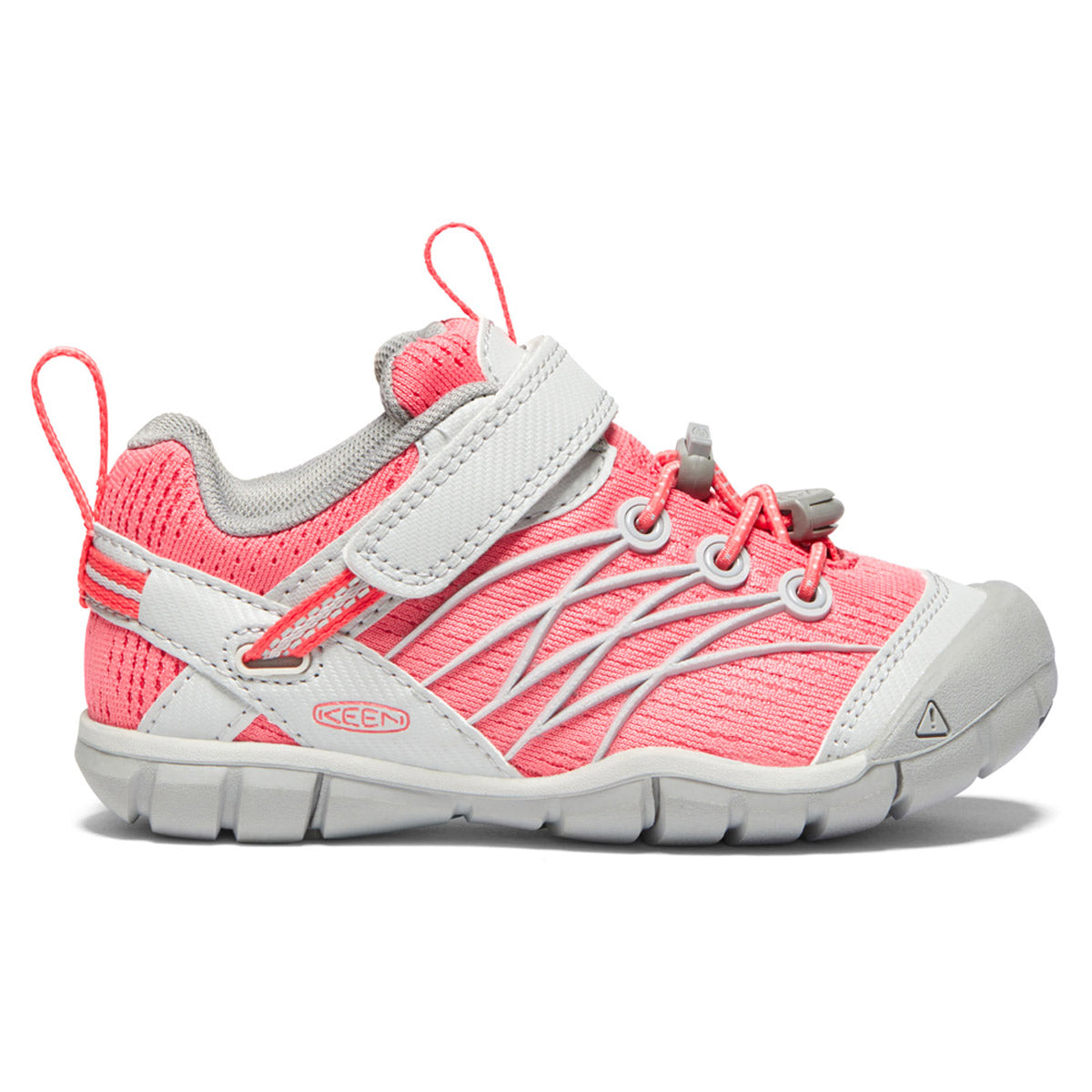 The KEEN CHANDLER CNX CHILD DRIZZLE/DUBARRY - KIDS sneaker, by Keen, combines a pink and gray design with a Velcro strap, elastic laces, and a KEEN logo on the side. It is equipped with a sturdy rubber sole and lightweight performance mesh for comfort and breathability, perfect for active kids.