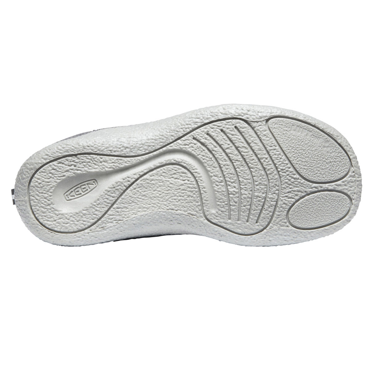 The bottom view of the KEEN HOWSER II CHILD STEEL GREY/WOOD VIOLET features an intricate tread pattern with grooves and textured areas for traction, designed for ultimate step-in comfort. The Keen brand logo is embossed on the left side. The light grey sole complements the lightweight performance mesh upper, resulting in a comfy shoe for kids.