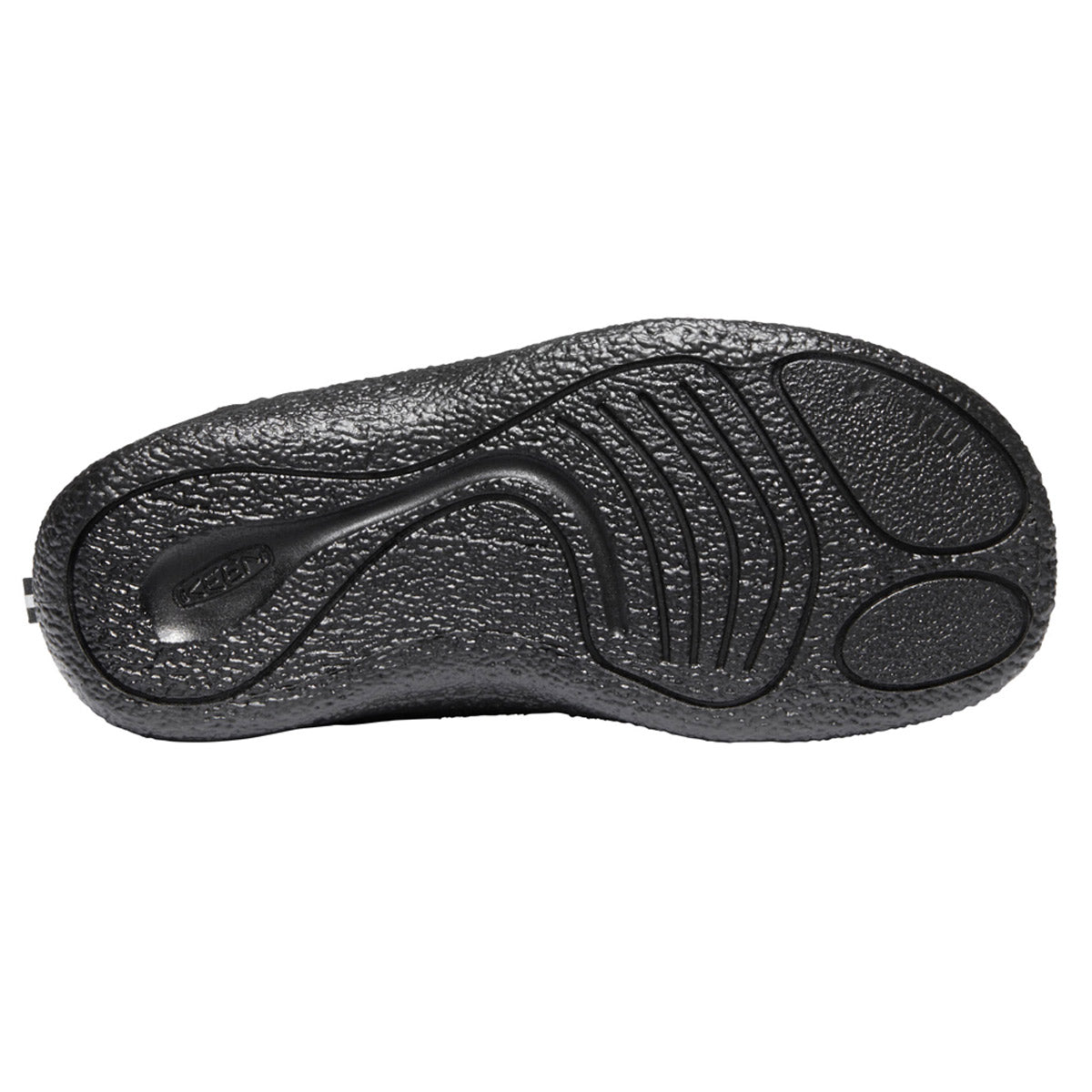 The image displays the underside of the KEEN HOWSER II CHILD BLACK - KIDS shoe sole by Keen, featuring textured tread patterns and visible curves designed for grip, stability, and natural odor control.