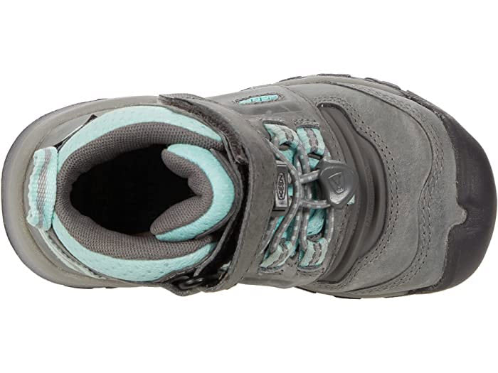 Top view of a grey and aqua Keen KEEN RIDGE FLEX MID CHILD GREY/BLUE TINT - KIDS hiking boot with a velcro strap, pull-cinch closure, and padded collar.