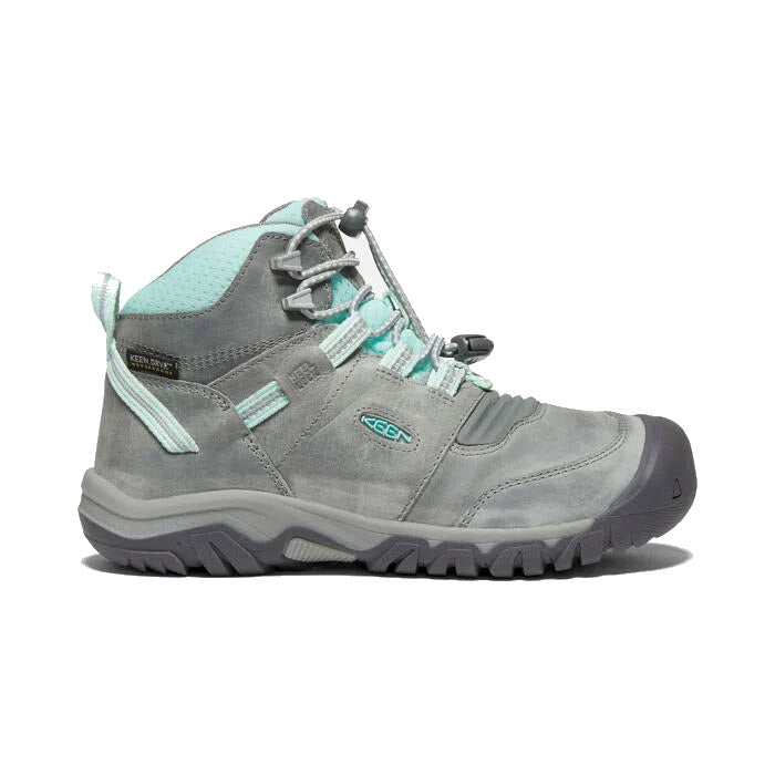 A grey and teal hiking boot featuring a rugged sole, reinforced toe, lace-up front, padded collar, and ankle support—perfect for young adventurers with the Keen KEEN RIDGE FLEX MID CHILD GREY/BLUE TINT - KIDS.