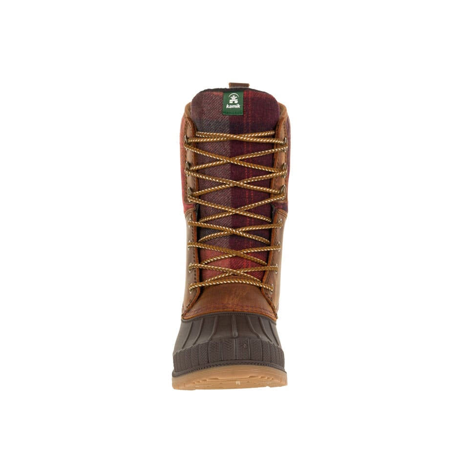 The front view of a single KAMIK SIENNA 2 KNIT DARK BROWN - WOMENS boot by Kamik showcases its brown lace-up design, plaid-patterned upper, and rubber sole for excellent traction.