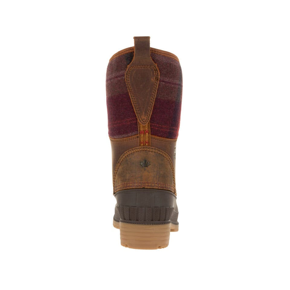 A rear view of a single Kamik SIENNA 2 Knit Dark Brown women&#39;s stylish boot, combining leather and fabric, featuring a small Canada leaf symbol, waterproof design, and a pull tab at the top.