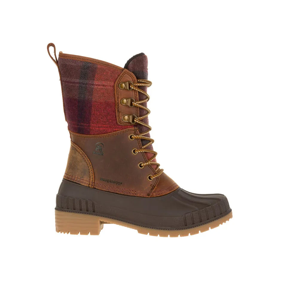 The KAMIK SIENNA 2 KNIT DARK BROWN - WOMENS by Kamik is a stylish boot featuring a brown and red waterproof design, plaid upper, lace-up front, and rubber sole for optimal traction.