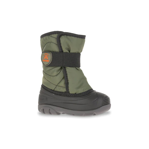 The KAMIK SNOWBUG 3 OLIVE - TODDLERS is a green and black winter boot for children, featuring a Velcro strap, waterproof nylon upper, and cozy faux fur lining.