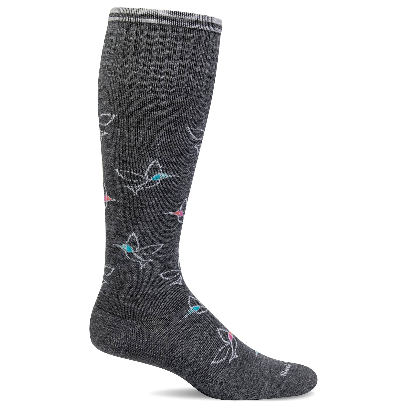 A single gray SOCKWELL FREEFLY CHARCOAL 15-20MMGH COMPRESSION SOCKS - WOMENS with subtle floral patterns in blue and pink, crafted from Merino wool, is displayed against a white background by the brand Sockwell.