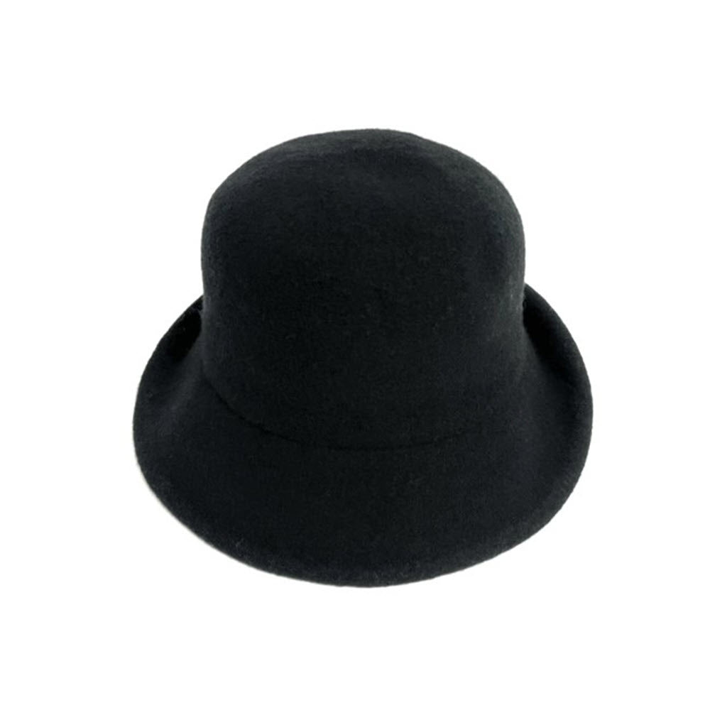 A stylish black felt SHIHREEN WOOL TURN BRIM HAT BLACK - WOMENS by Shihreen Inc, featuring a rounded crown and slightly flared brim with an adjustable band for a perfect fit.