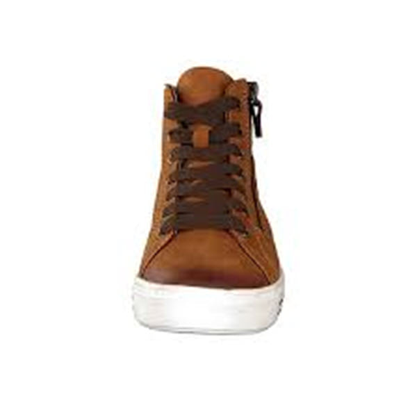 Front view of the Remonte REMONTE WOOL LINED HIGH TOP TAN - WOMENS with a nubuck leather upper, white sole, and dark brown laces.