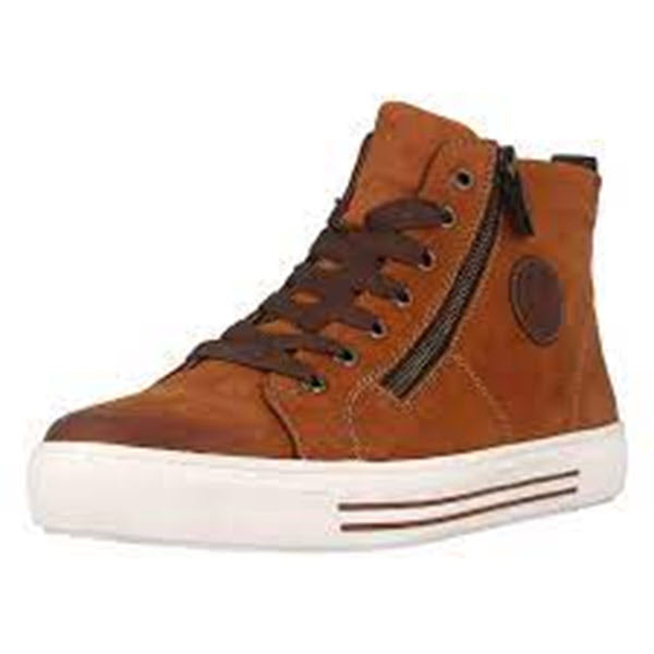 A REMONTE WOOL LINED HIGH TOP TAN - WOMENS with a nubuck leather upper, white rubber soles, brown laces, a side zipper, and a circular logo on the upper side. This Remonte sneaker also features a padded soft foam insole for ultimate comfort.