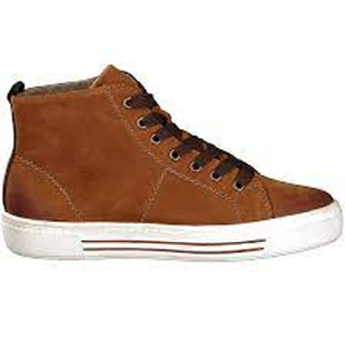 A Remonte REMONTE WOOL LINED HIGH TOP TAN - WOMENS with a nubuck leather upper, white rubber sole, black laces, and a padded soft foam insole.