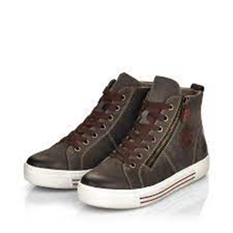A pair of Remonte REMONTE WOOL LINED HIGH TOP SMOKE - WOMENS made of brown nubuck leather with matching laces, white rubber soles, a side zipper, and a cozy wool lining.