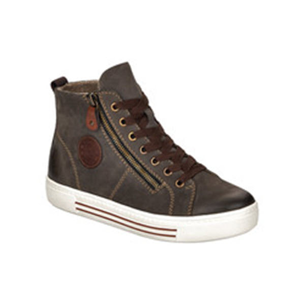 Remonte REMONTE WOOL LINED HIGH TOP SMOKE - WOMENS: Brown women&#39;s hi-top sneaker with a white sole, brown laces, bronze eyelets, side zipper, decorative stitching, and nubuck leather finish.
