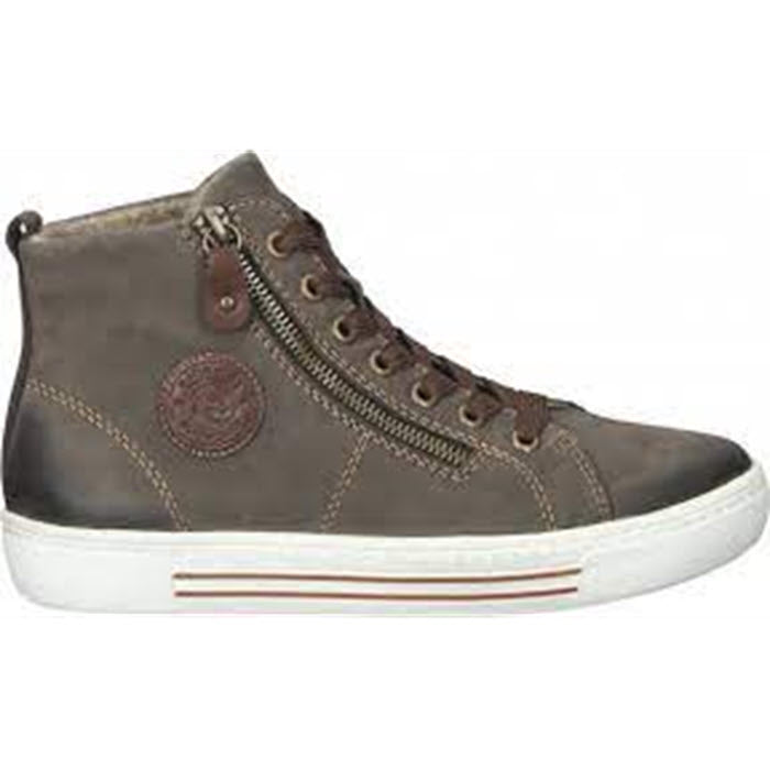 A brown Remonte women&#39;s hi-top sneaker with a side zipper, round emblem on the side, and white sole. Crafted from nubuck leather and featuring a cozy wool lining for added comfort. Product Name: REMONTE WOOL LINED HIGH TOP SMOKE - WOMENS.