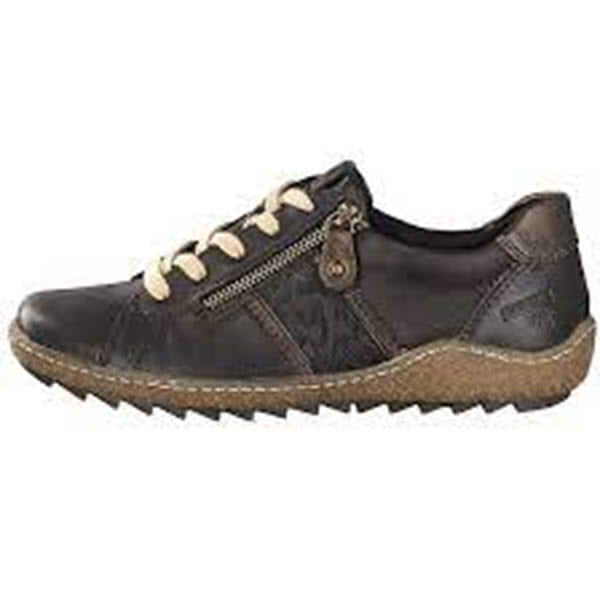 The REMONTE EURO CITY WALKER BLACK - WOMENS by Remonte is a dark brown casual shoe featuring beige laces, a side zipper, a rubber sole, and shock-absorbing insoles.