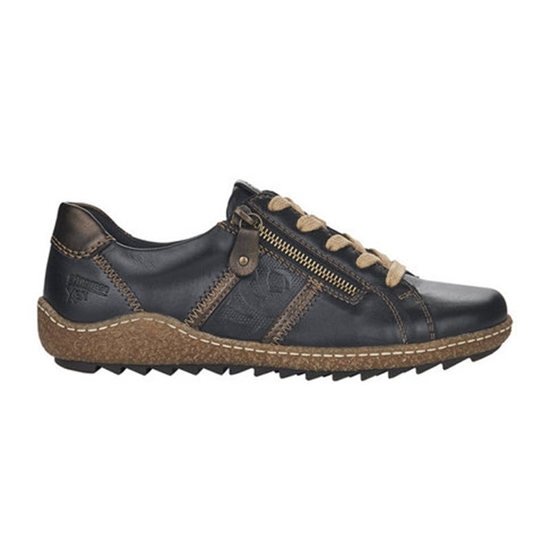 The Remonte Euro City Walker Black - Womens shoe features a black leather design with tan lace-up closure, side zipper, and contrasting stitching. It boasts a textured rubber sole with a rugged tread pattern and shock-absorbing insoles, ensuring both comfort and durability.