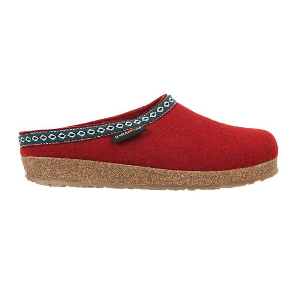 The Haflingers HAFLINGER GZ CHILI - WOMENS boasts a cork sole, an anatomically correct footbed, and a decorative trim around the opening. Crafted from boiled wool felt, it promises both comfort and style.