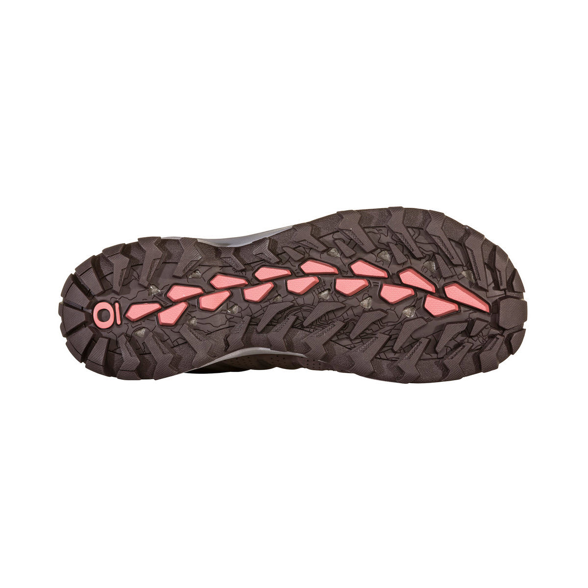 The image shows the sole of an Oboz OBOZ SYPES MID LEATHER B-DRY PEPPERCORN - WOMENS with a rugged, black tread pattern and red accents in the grooves, featuring innovative Bloom Algae technology.