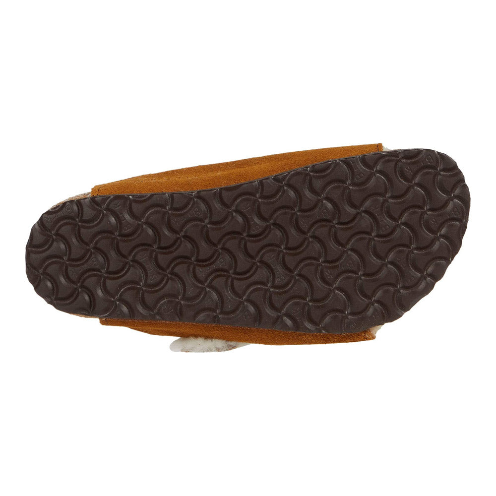 Bottom view of the BIRKENSTOCK ARIZONA SHEARLING MINK - WOMENS shoe by Birkenstock, featuring a brown design with a black, textured sole showcasing a wave-like pattern and an anatomically formed cork-latex footbed.