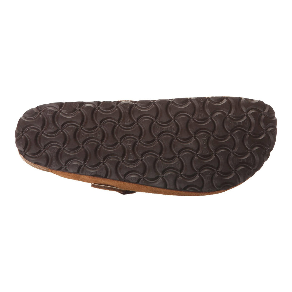 Top view of the sole of a sandal, featuring a dark, textured pattern designed for traction. The design draws inspiration from the renowned Birkenstock BIRKENSTOCK BOSTON SHEARLING MINK - WOMENS, complete with a suede and shearling footbed for added comfort.