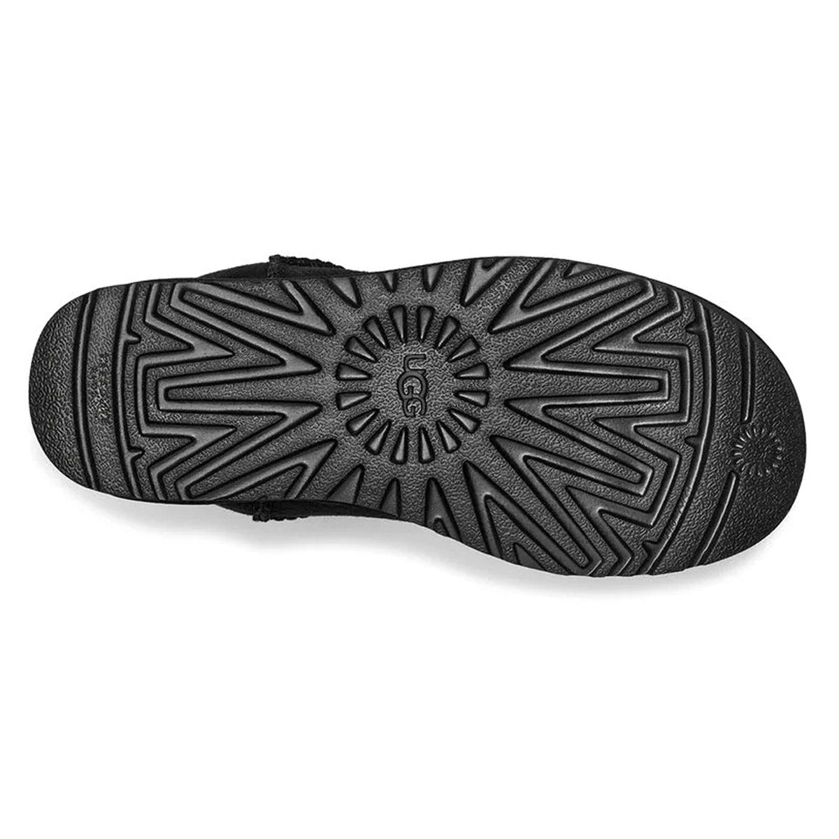 The underside of a UGG CLASSIC ULTRA MINI BLACK - WOMENS with a distinctive, geometric tread pattern featuring a radial design around the center, enhanced by Treadlite by Ugg technology for superior comfort and durability.