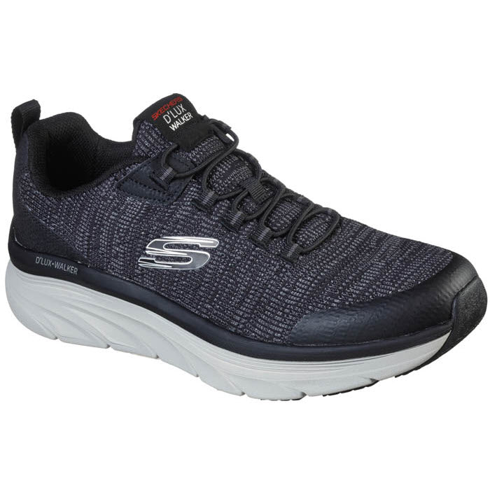 A black and gray casual walking shoe with a white sole, featuring the &quot;Skechers&quot; logo on the side, &quot;Skechers D&#39;LUX WALKER BLACK/WHITE - MENS&quot; on the tongue, and stretch lace design for easy wear. It also includes Air Cooled Memory Foam for superior comfort.
